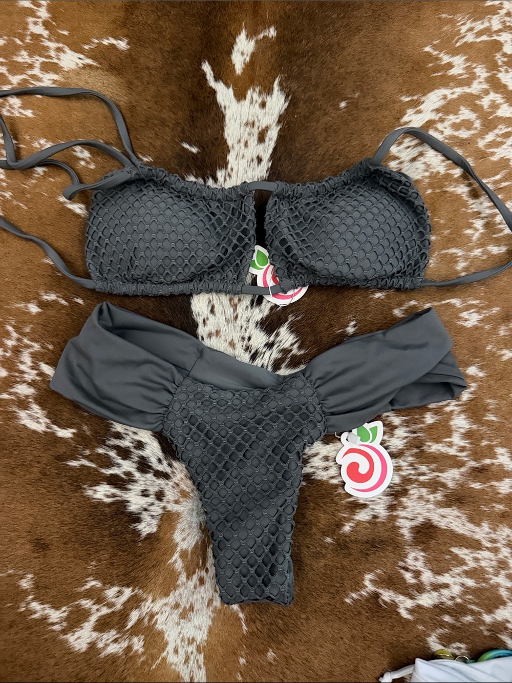Black Textured Two-Piece Bikini Set with Bandeau Top